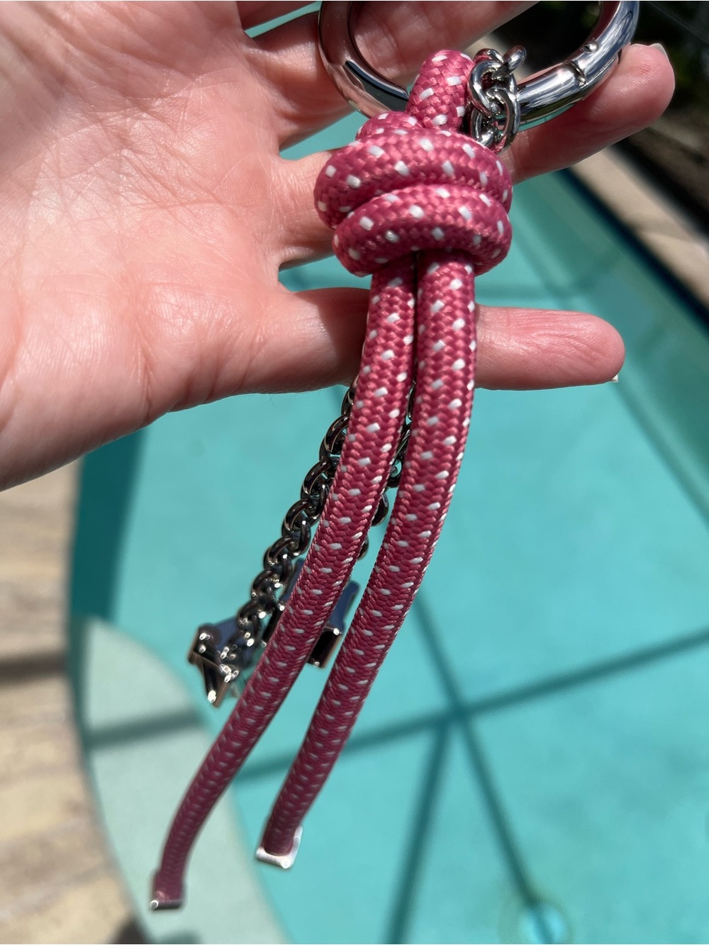 Michael Kors Pink Braided Rope Tassel Keyring, Bag Charm with Silver MK Charms - Picture 11 of 12